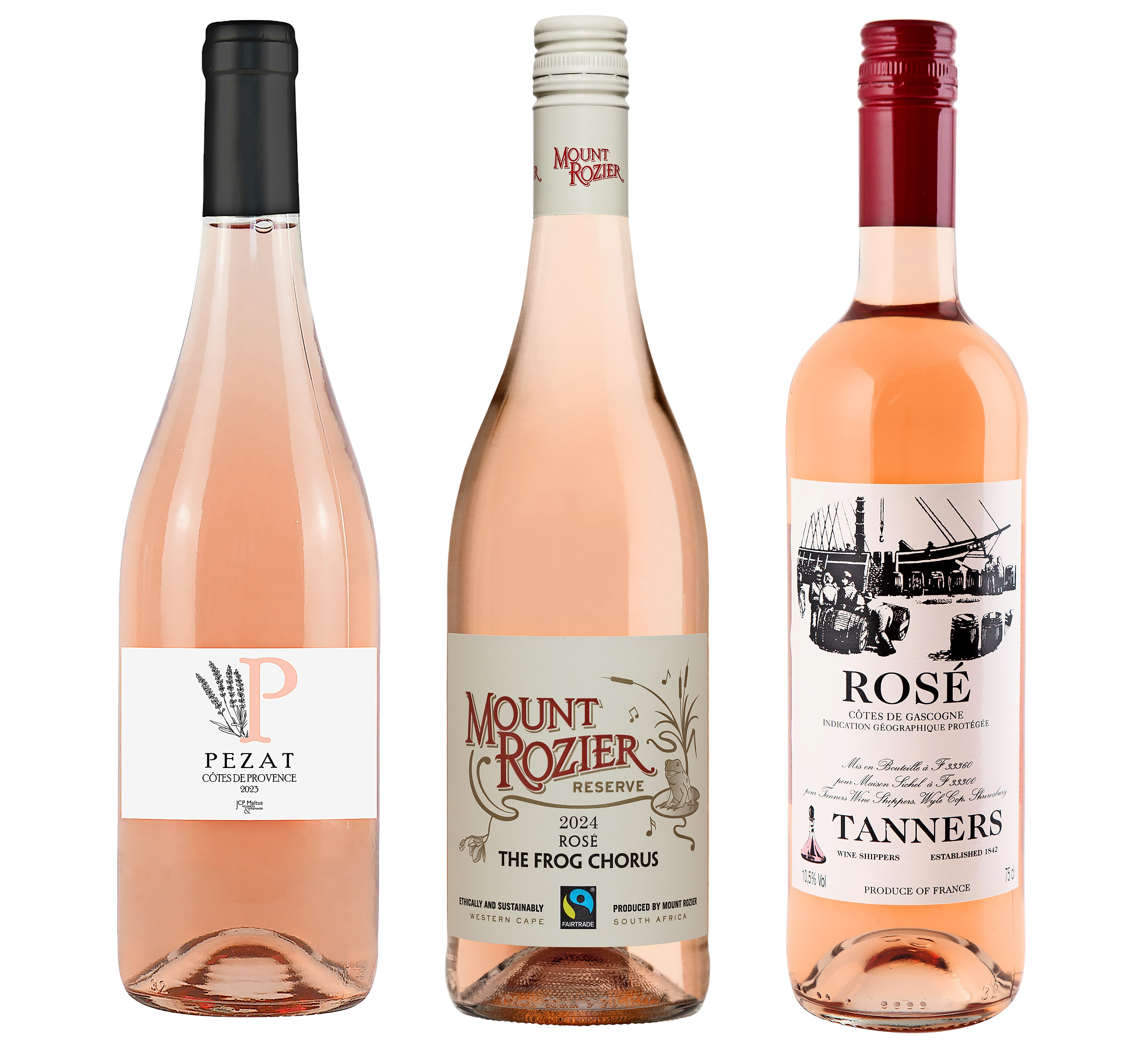 Three bottles of rosé wine.