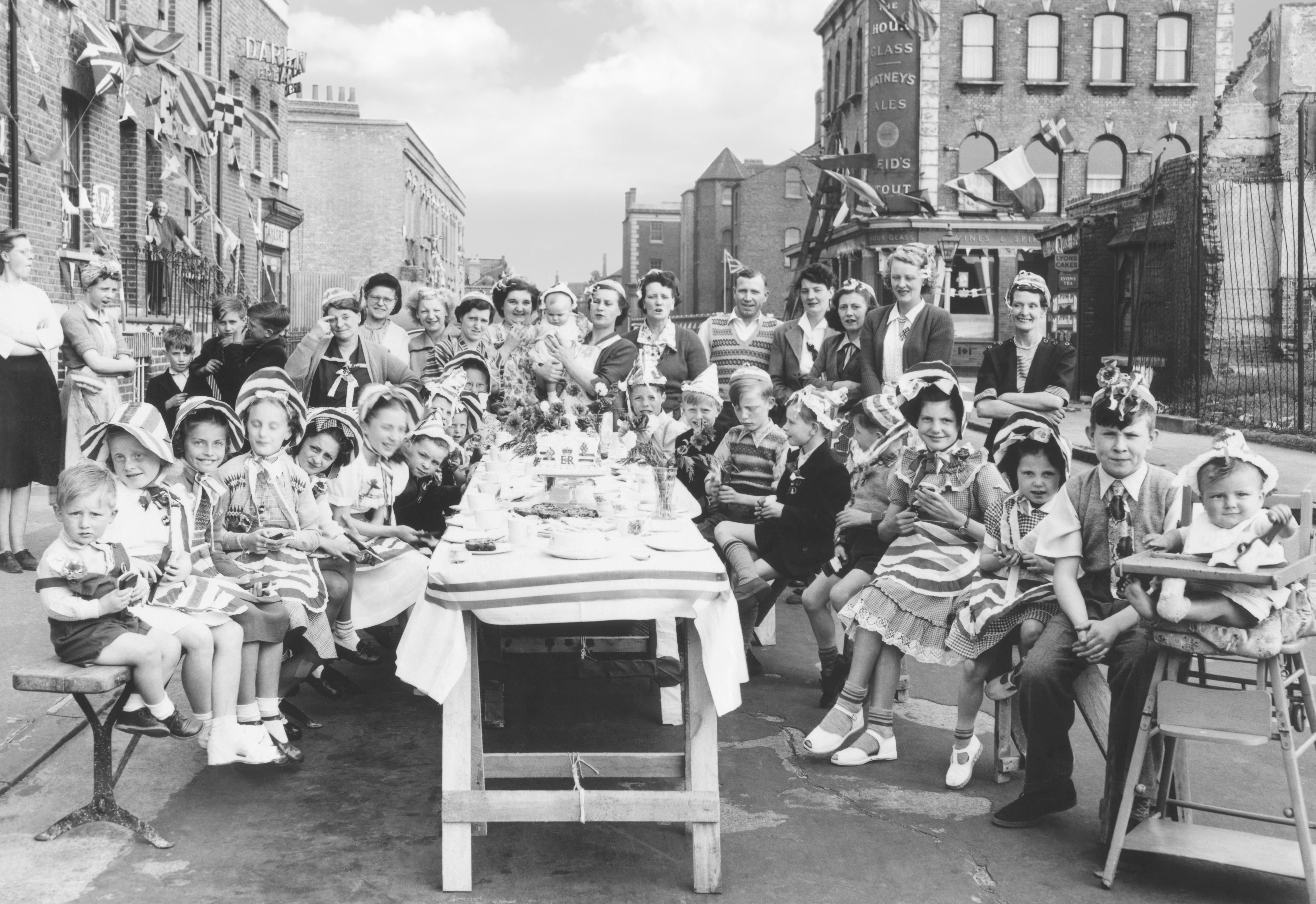 London street party celebrating Queen Elizabeth II's coronation in 1953.