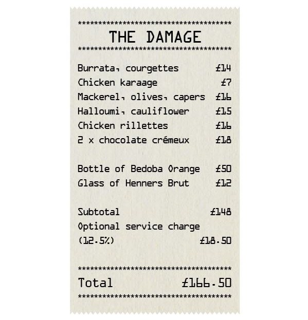Restaurant bill totaling £166.50.