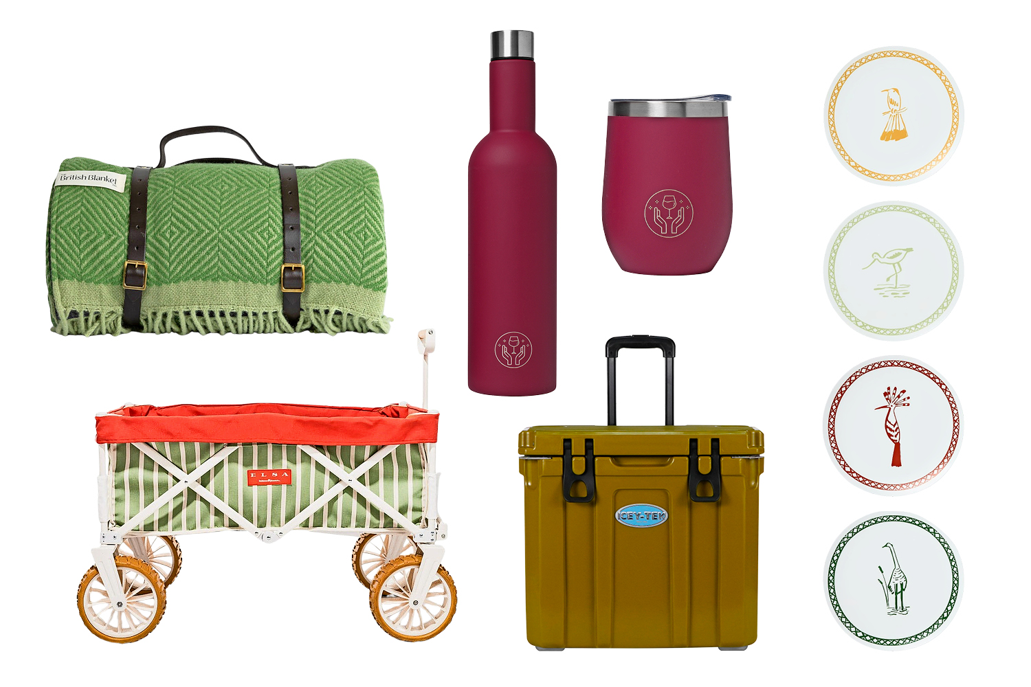Collage of picnic essentials: wagon, cooler, blanket, wine bottle, wine tumbler, and plates.