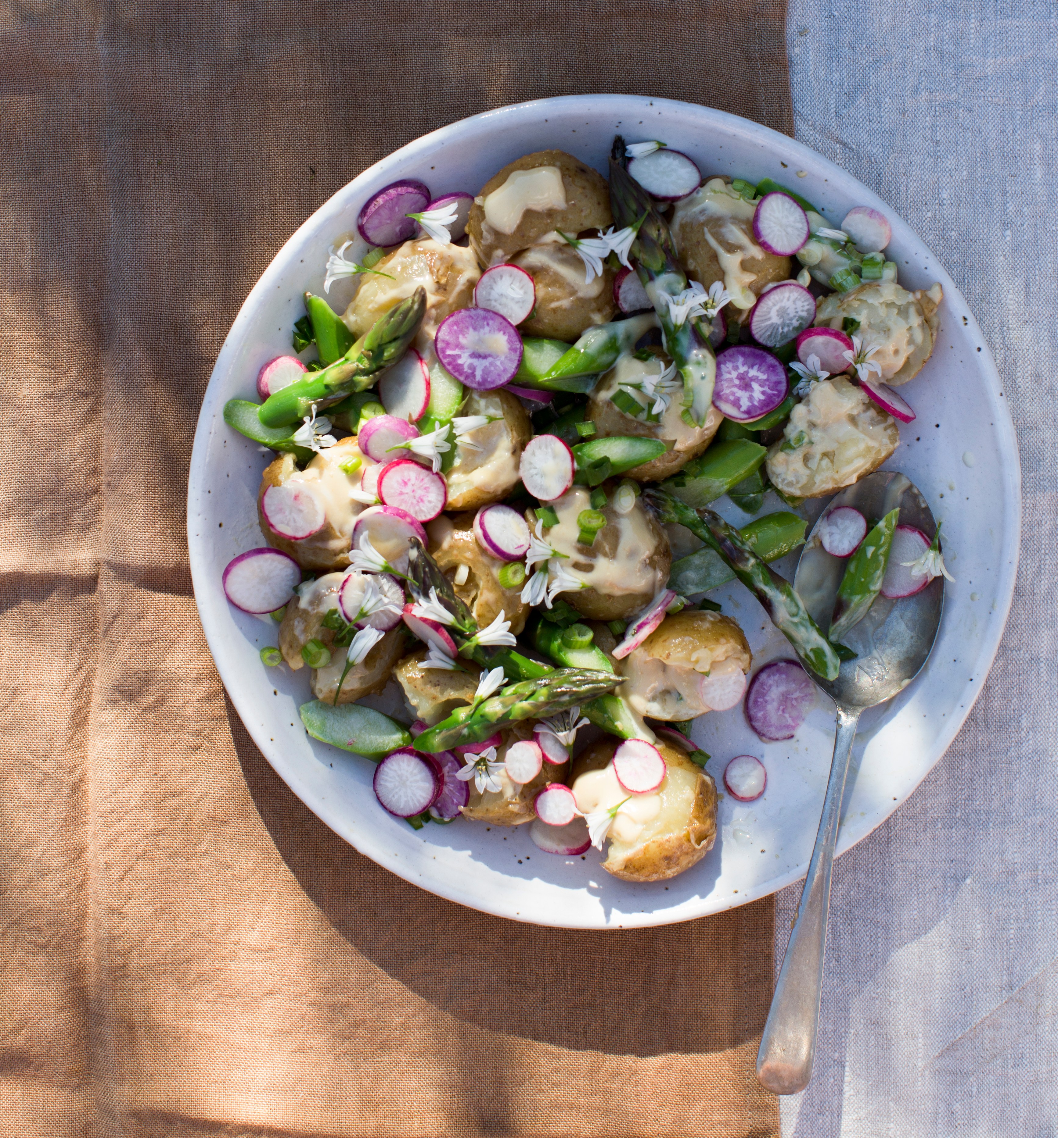 Miso potato salad with asparagus and radishes.