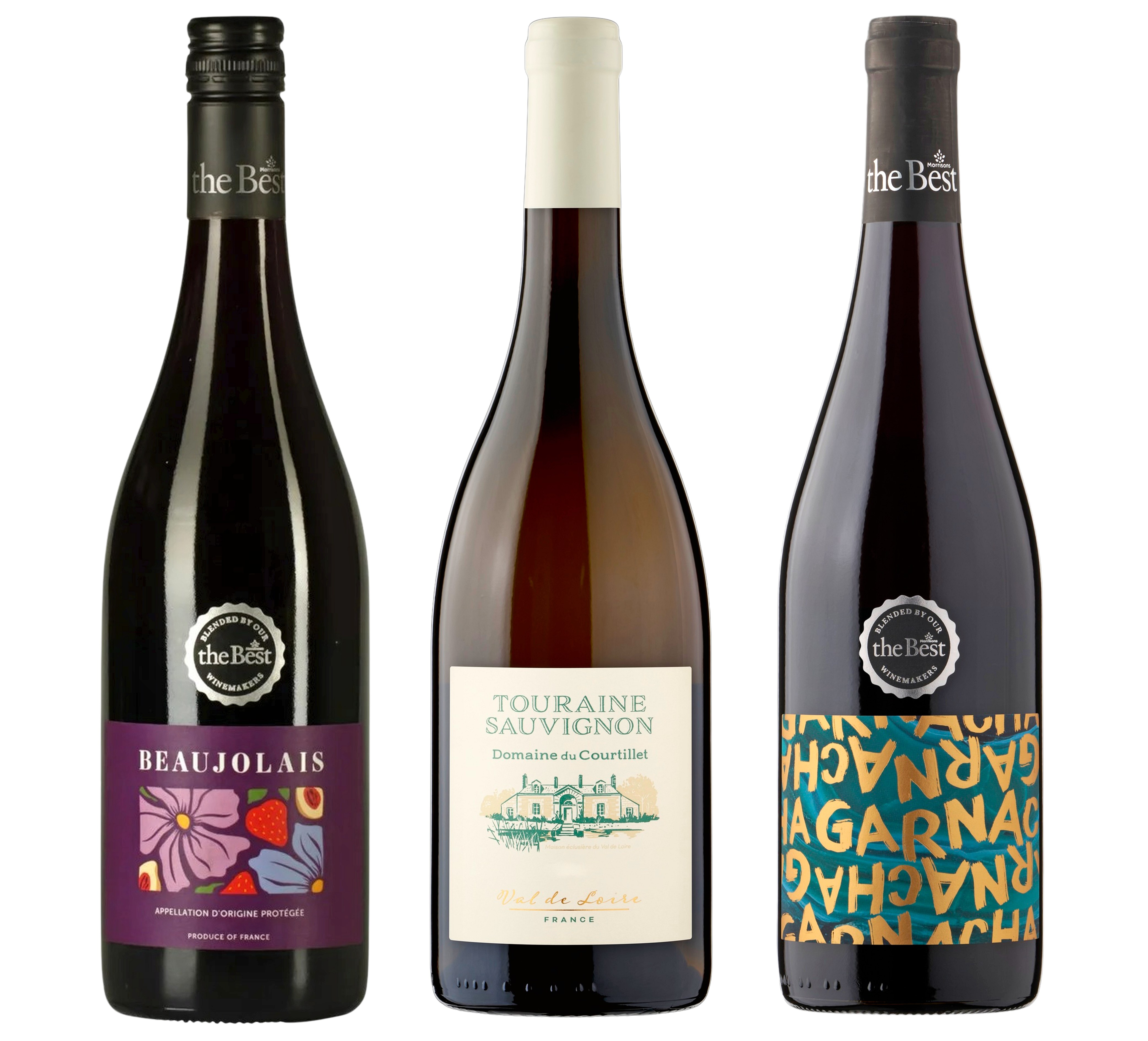 Three bottles of wine: Beaujolais, Touraine Sauvignon, and Garnacha.
