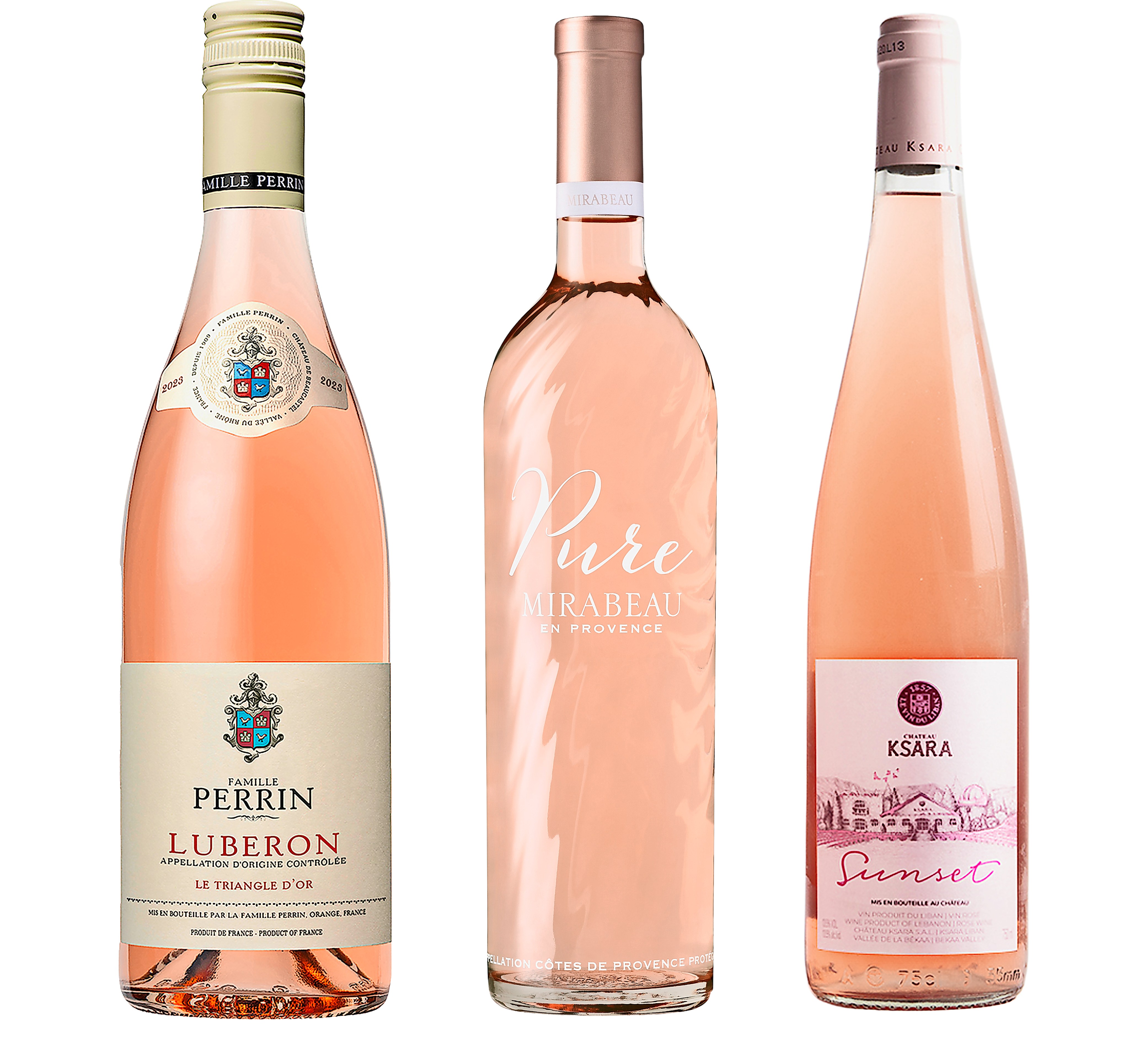 Three bottles of rosé wine.