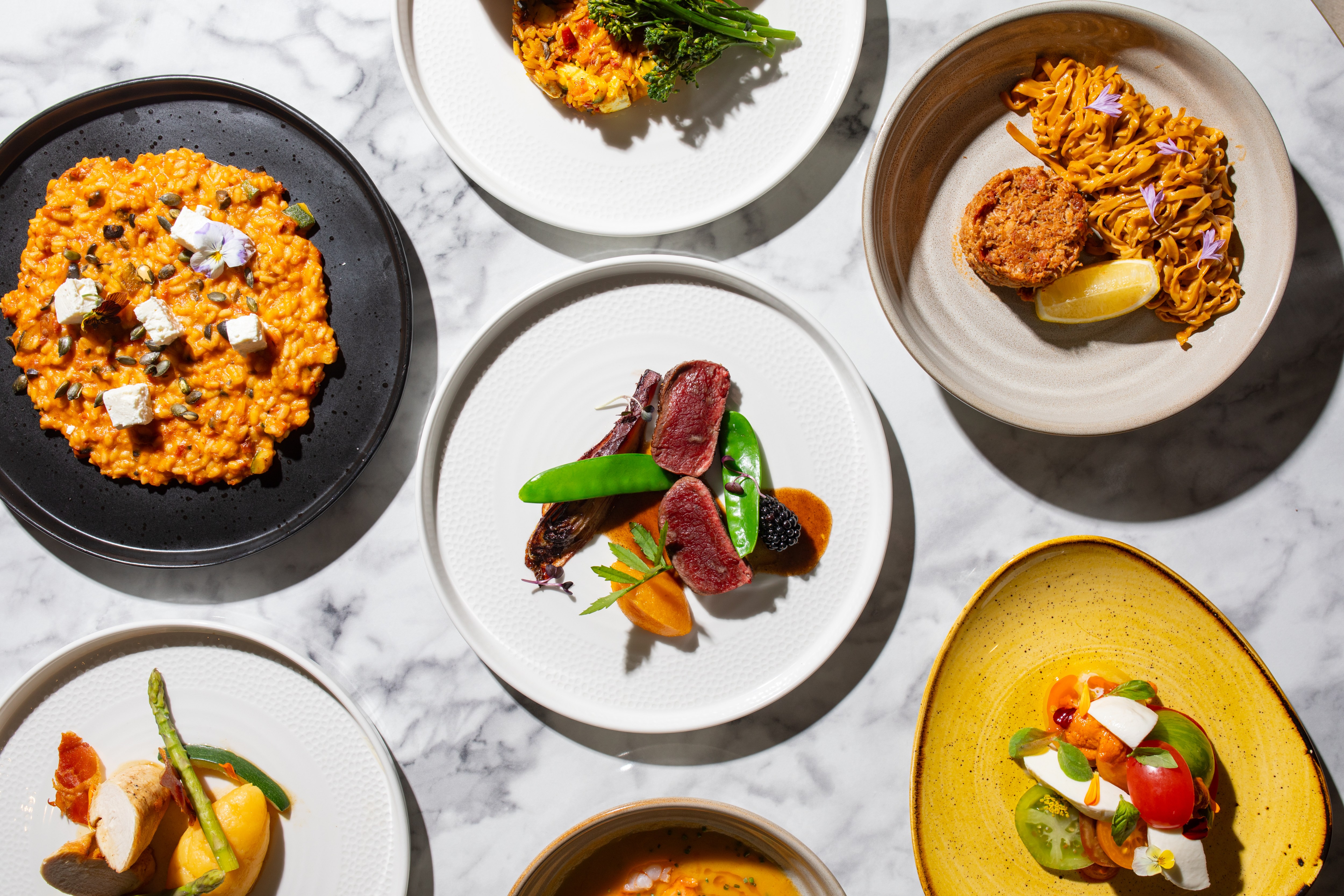 Colorful Spanish tapas dishes.